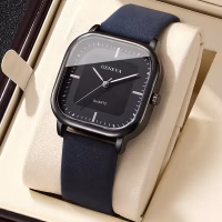 Minimalist Square Quartz Men’s Leather Watch Blue Black