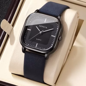 Minimalist Square Quartz Men’s Leather Watch Blue Black