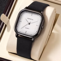 Black White Minimalist Square Quartz Leather Watch