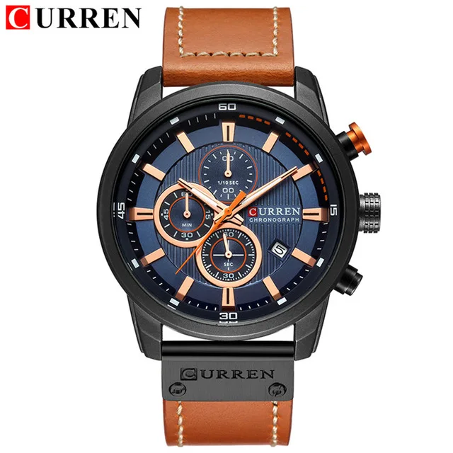 CURREN 8291 Black Blue Sport Chronograph Leather Wristwatch