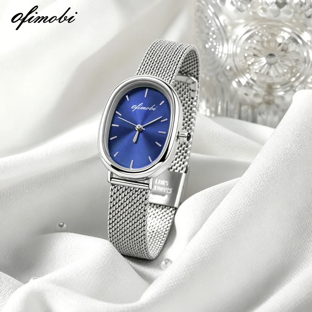 OFIMOBI 28mm Silver Blue Oval Quartz Watch for Women