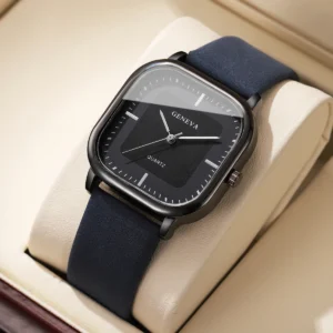 Minimalist Square Quartz Men’s Leather Watch Blue Black
