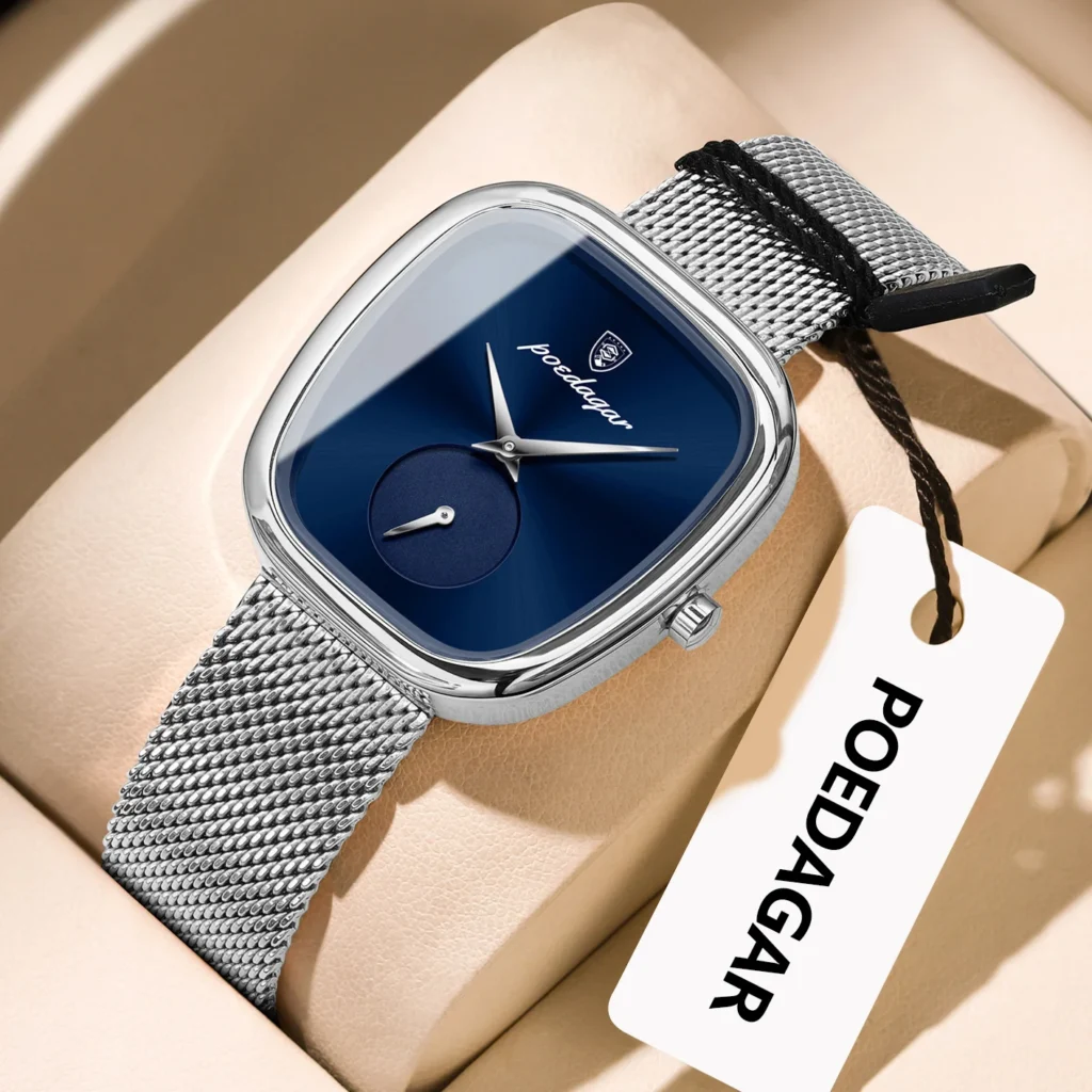 POEDAGAR Silver Blue Dial Stainless Steel Mesh Watch for Women