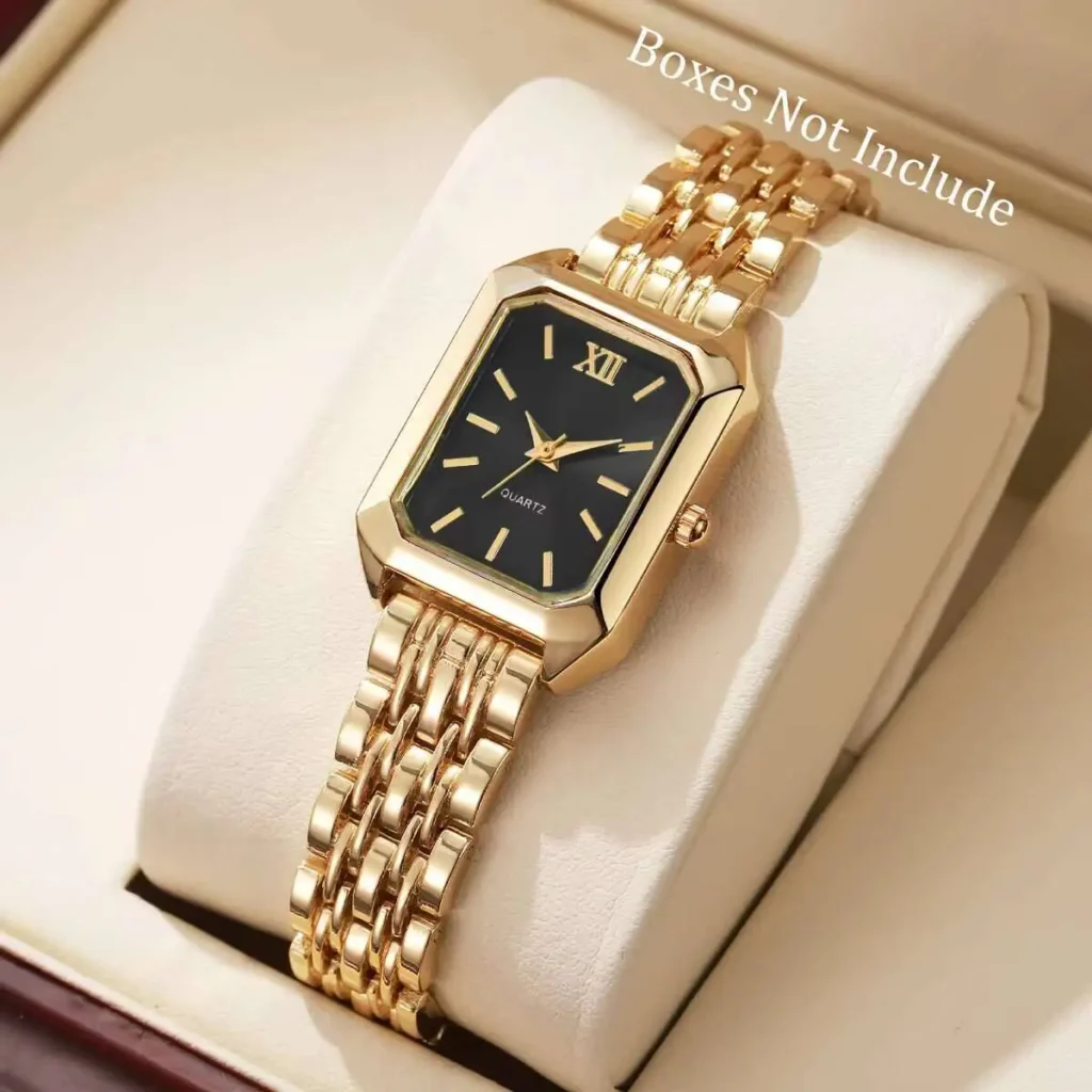 Gold Black Elegant 27mm Rectangle Quartz Watch for Women
