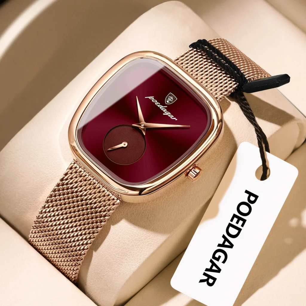 POEDAGAR Rose Gold Red Dial Fashion Quartz Wrist Watch